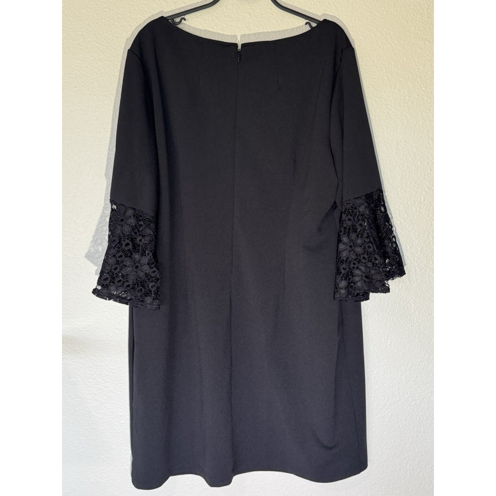 Sharagano Black Shift Dress Lace Bell Sleeves Size 14 Elegant Cocktail Workwear